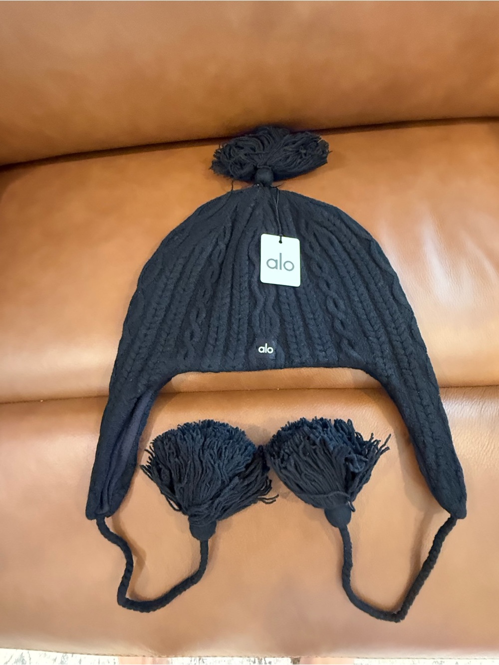 ALO Yoga Black Knit Pom-Pom Earflap Hat